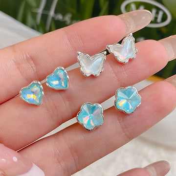 DAIIIBABYYY  -  Summer Sea Blue Color Heart Butterfly Stud Earrings Set for Women Korean Fashion Sweet Rhinestone Tassel Earring Jewelry